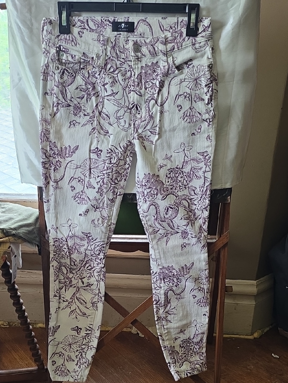 7 For All Mankind Cream Skinny Jeans with Purple Floral Print